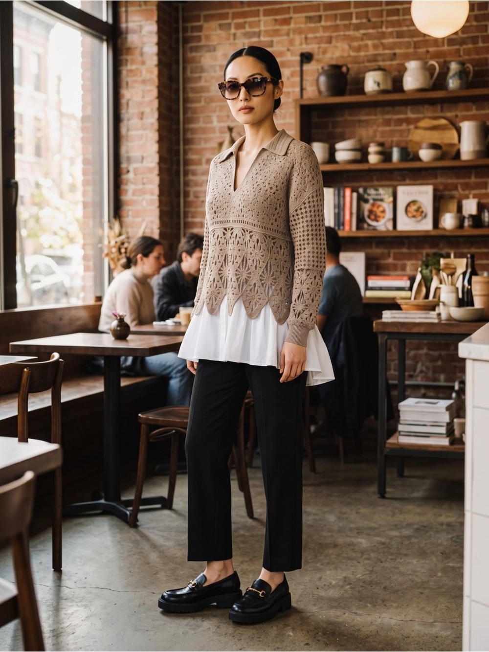 Solitaire Crochet Knit V-Neck Collared Sweater in Taupe